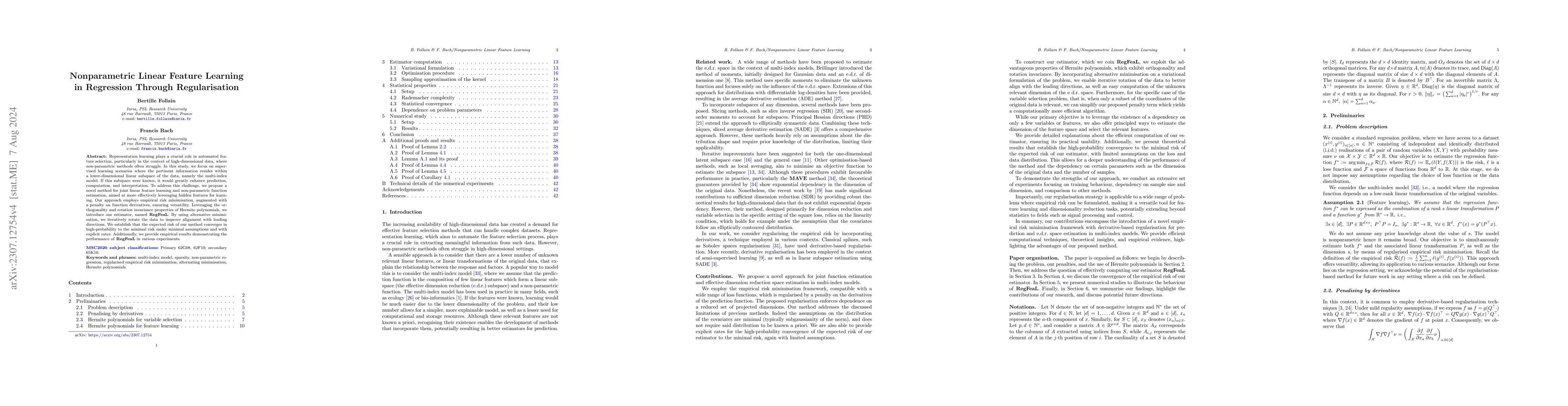 Thumbnail for Nonparametric Linear Feature Learning in Regression Through
  Regularisation