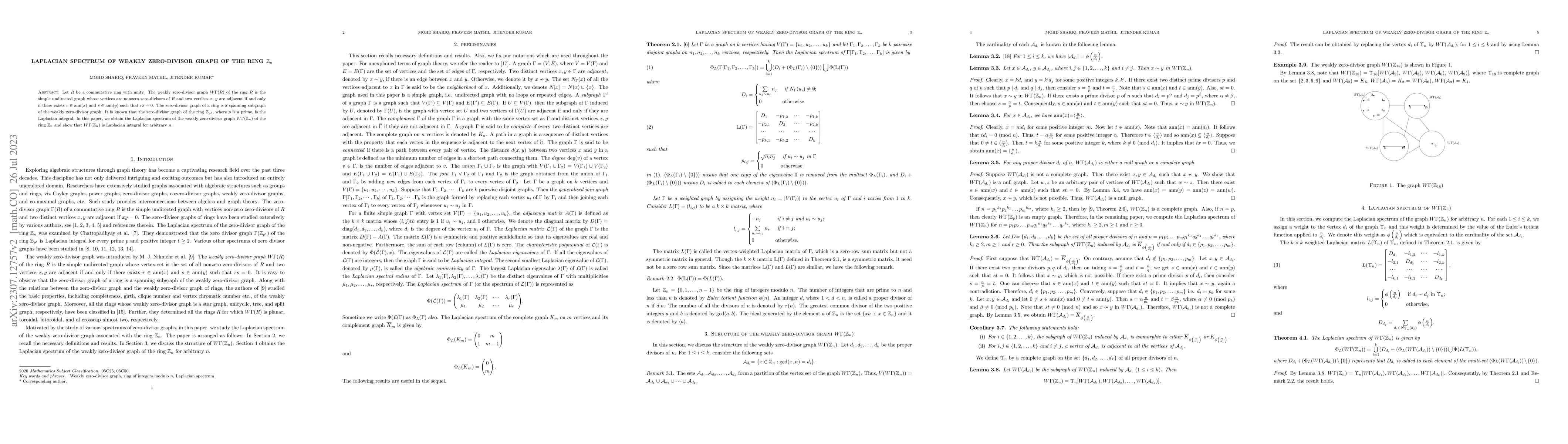 Thumbnail for Laplacian spectrum of weakly zero-divisor graph of the ring
  $\mathbb{Z}_{n}$