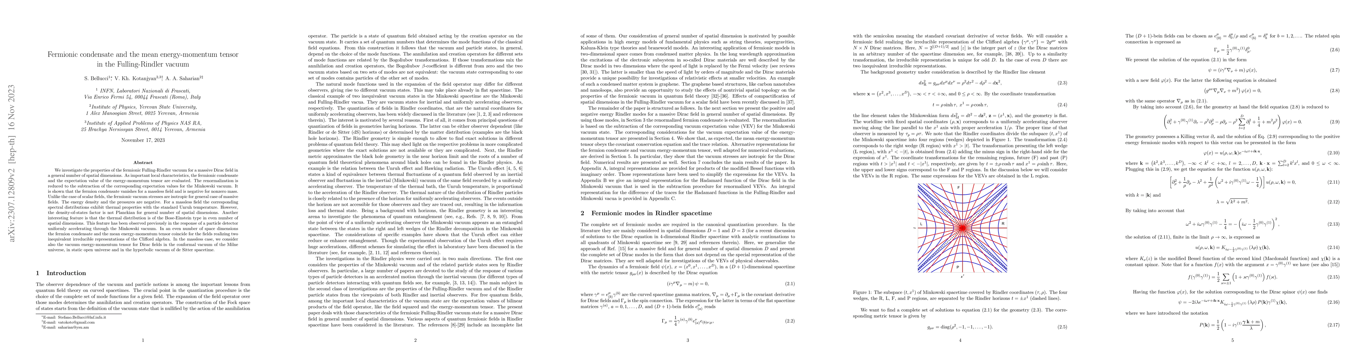 Thumbnail for Fermionic condensate and the mean energy-momentum tensor in the
  Fulling-Rindler vacuum