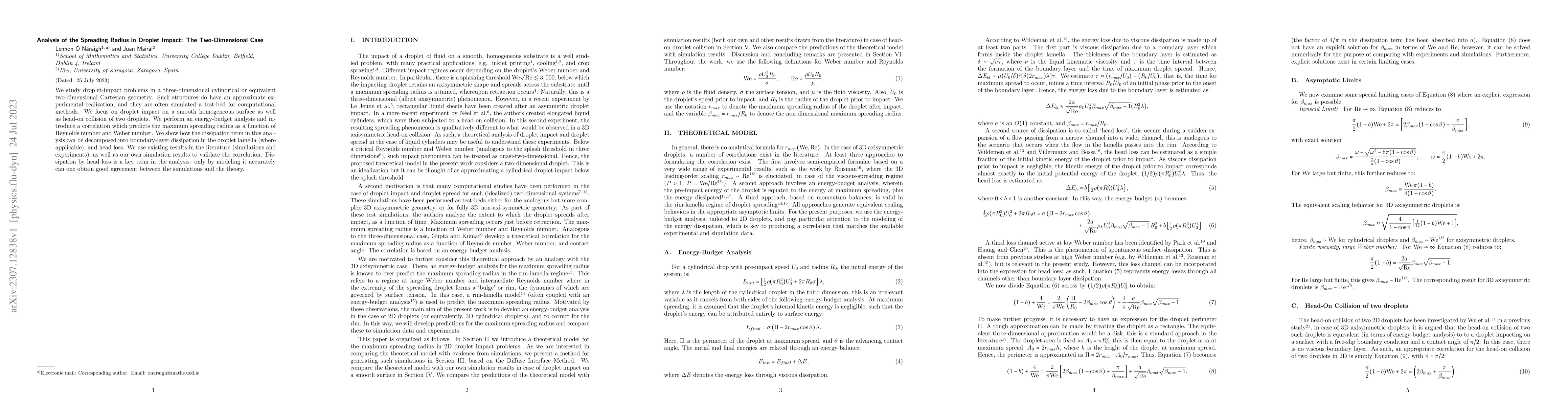 Thumbnail for Analysis of the Spreading Radius in Droplet Impact: The Two-Dimensional
  Case