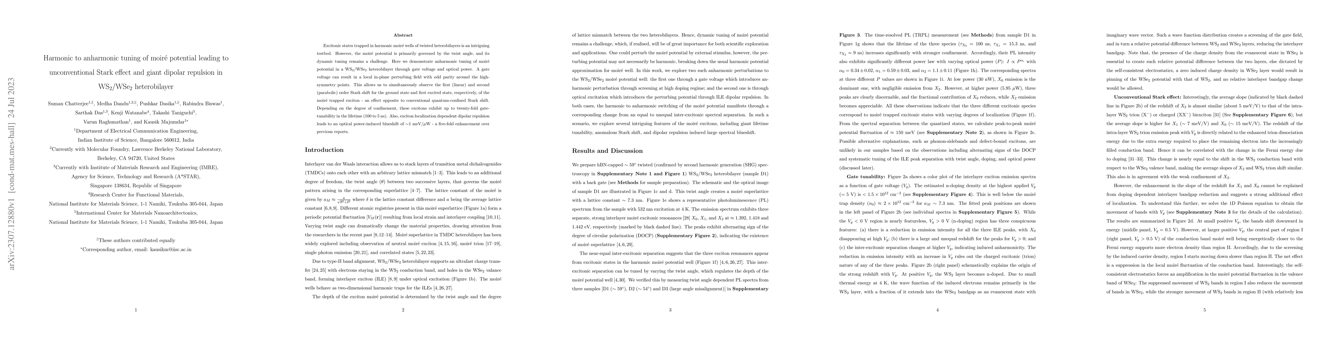 Thumbnail for Harmonic to anharmonic tuning of moir\'e potential leading to
  unconventional Stark effect and giant dipolar repulsion in WS$_2$/WSe$_2$
  heterobilayer