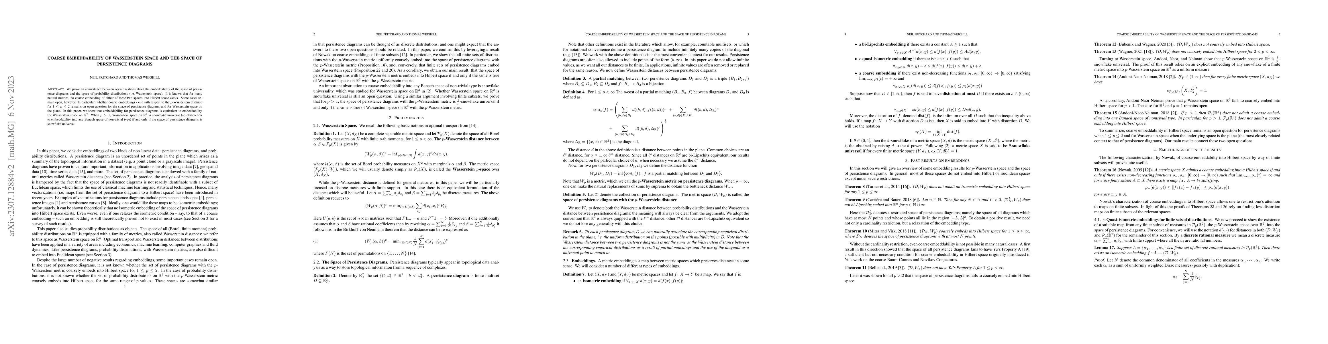 Thumbnail for Coarse embeddability of Wasserstein space and the space of persistence
  diagrams