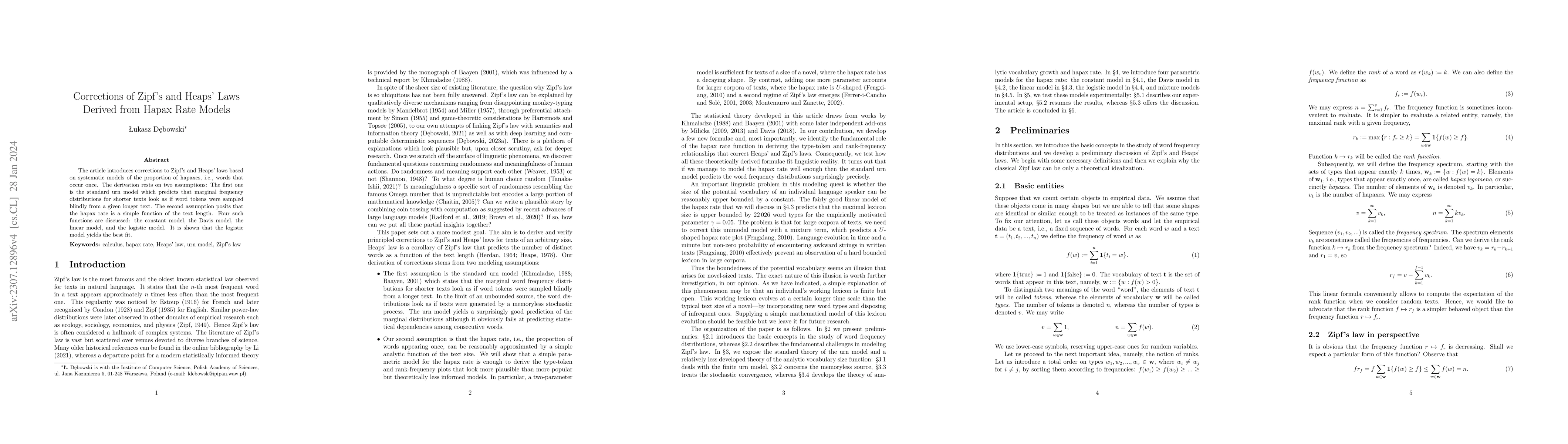 Thumbnail for Corrections of Zipf's and Heaps' Laws Derived from Hapax Rate Models