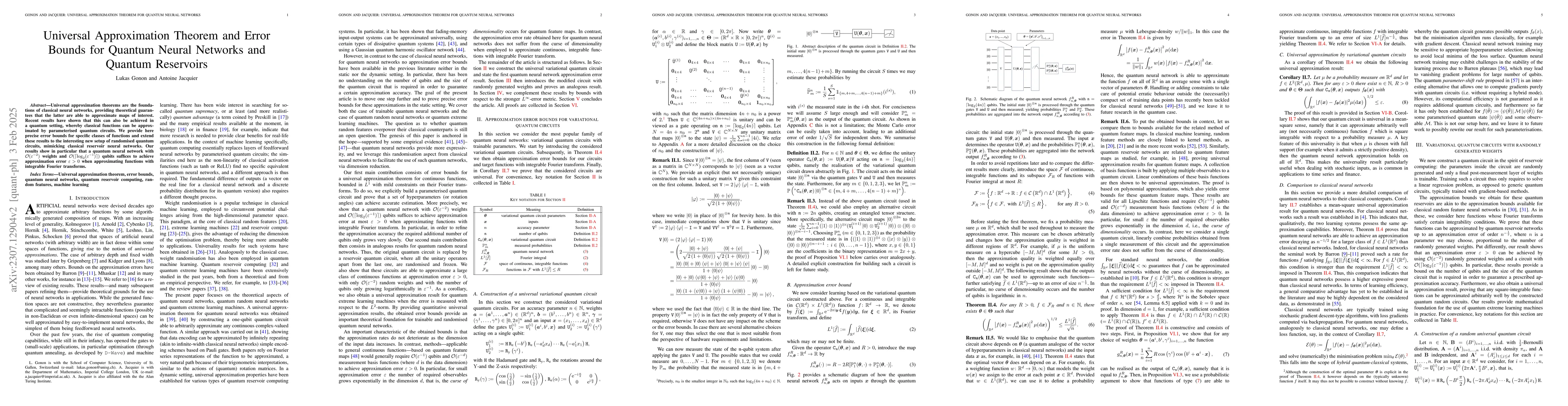 Thumbnail for Universal Approximation Theorem and error bounds for quantum neural
  networks and quantum reservoirs
