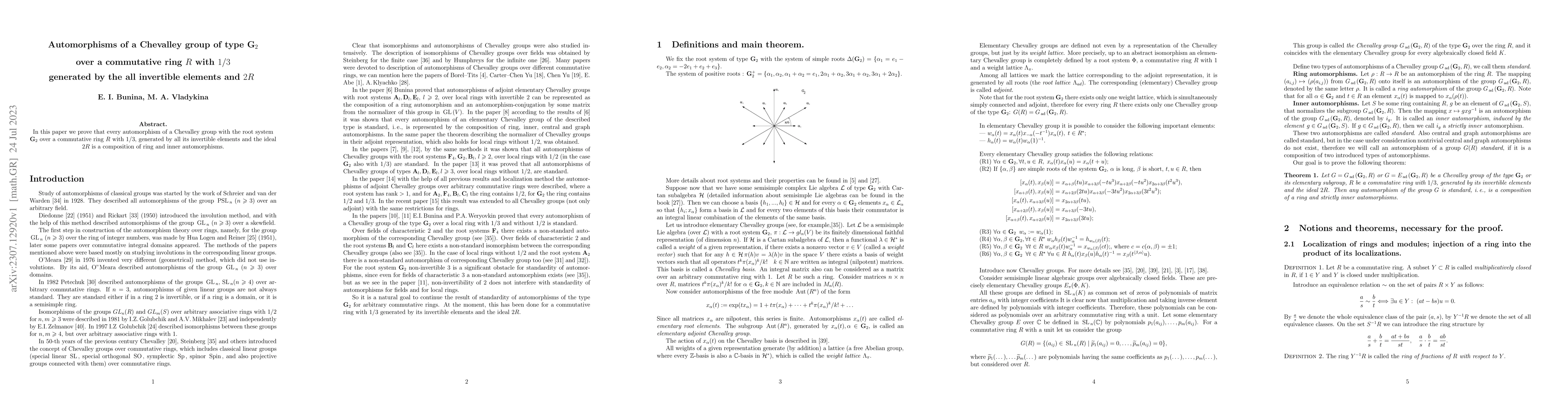 Thumbnail for Automorphisms of a Chevalley group of type G_2 over a commutative ring R
  with 1/3 generated by the all invertible elements and 2R