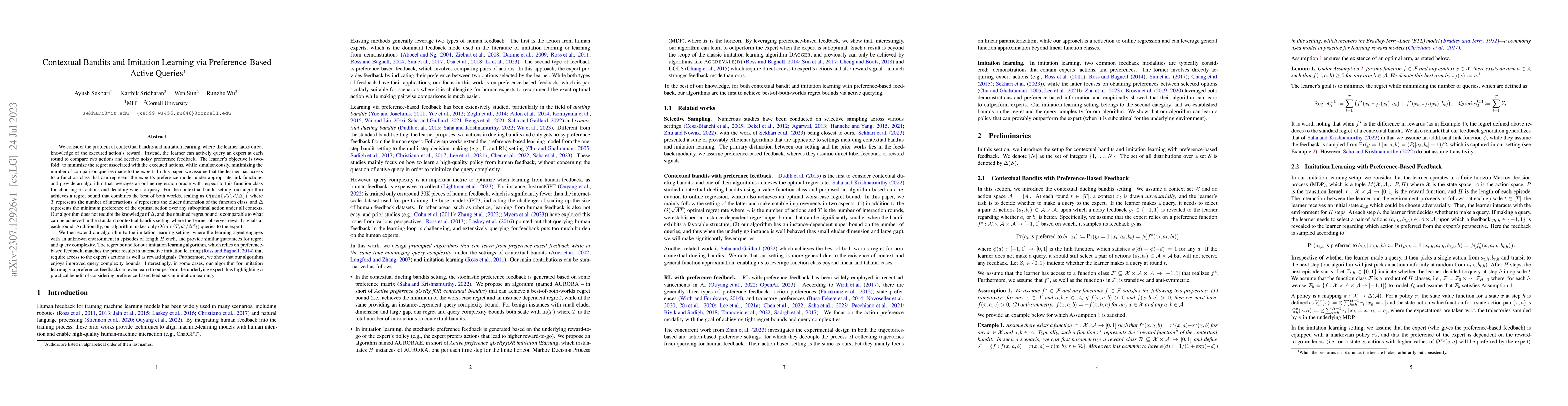 Thumbnail for Contextual Bandits and Imitation Learning via Preference-Based Active
  Queries