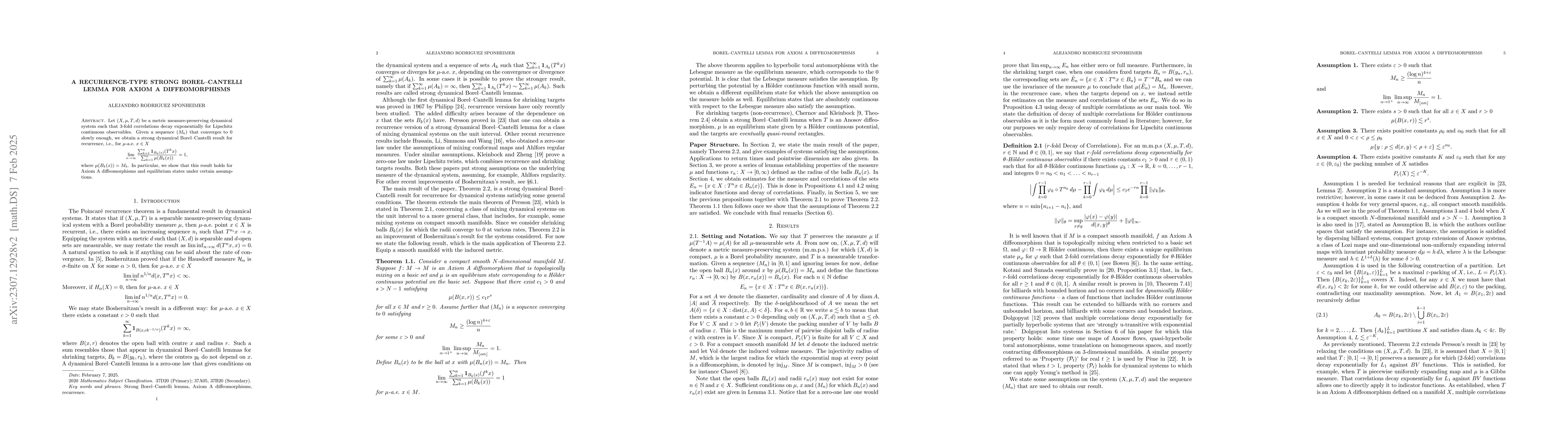 Thumbnail for A Recurrence-type Strong Borel--Cantelli Lemma for Axiom A
  Diffeomorphisms
