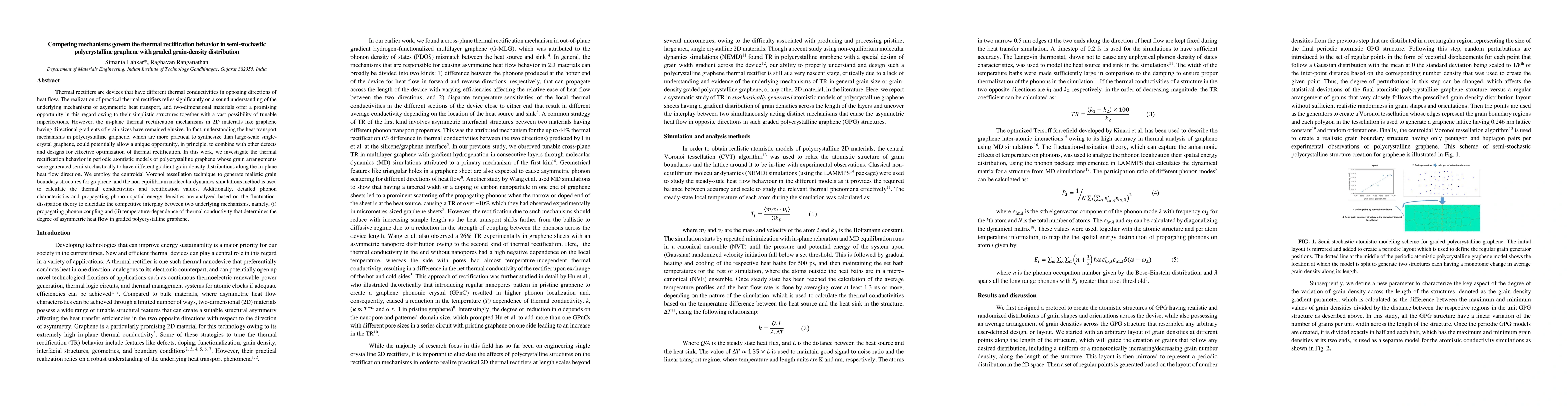 Thumbnail for Competing mechanisms govern the thermal rectification behavior in
  semi-stochastic polycrystalline graphene with graded grain-size distribution