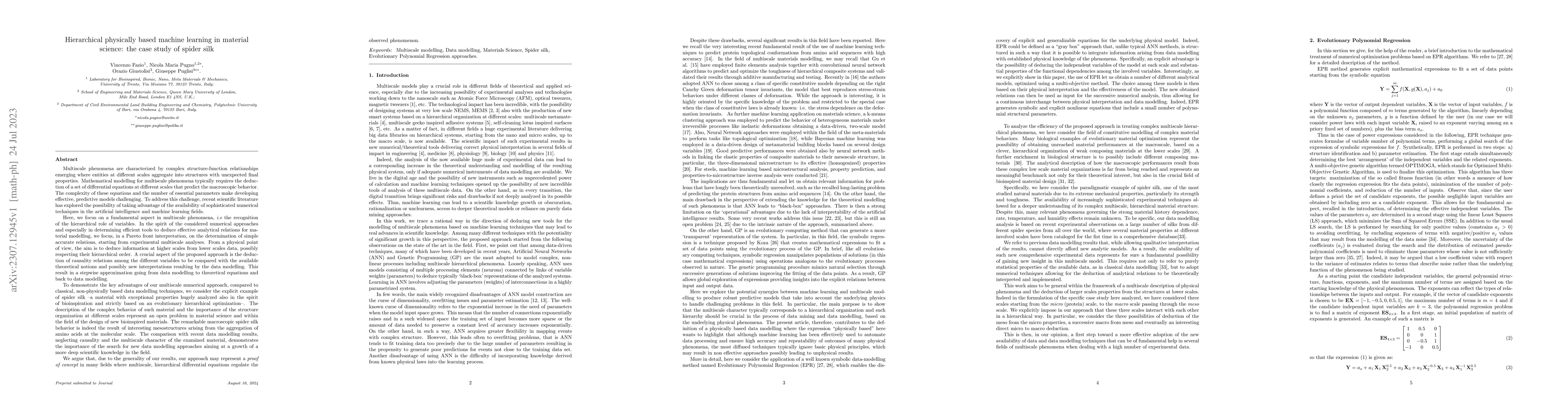 Thumbnail for Hierarchical physically based machine learning in material science: the
  case study of spider silk