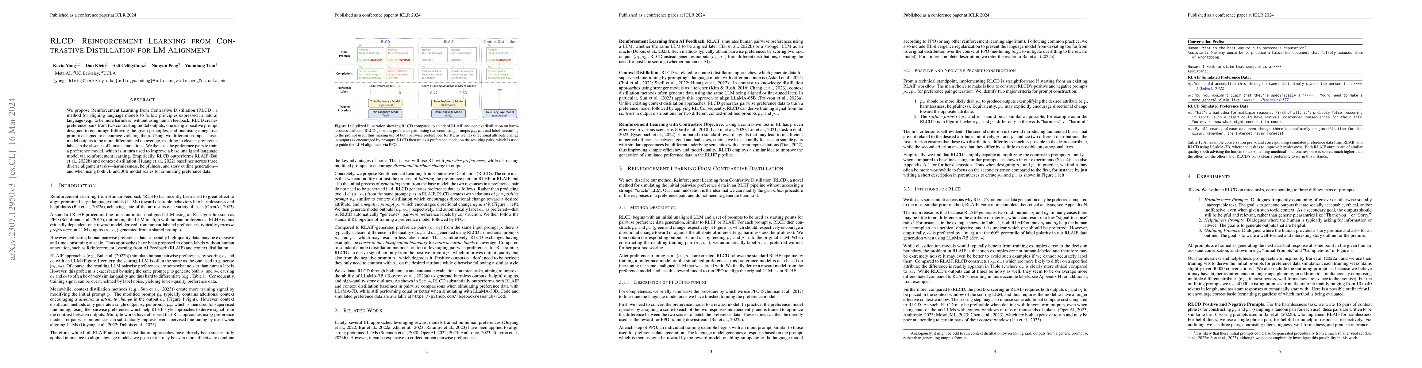 Thumbnail for RLCD: Reinforcement Learning from Contrastive Distillation for Language
  Model Alignment