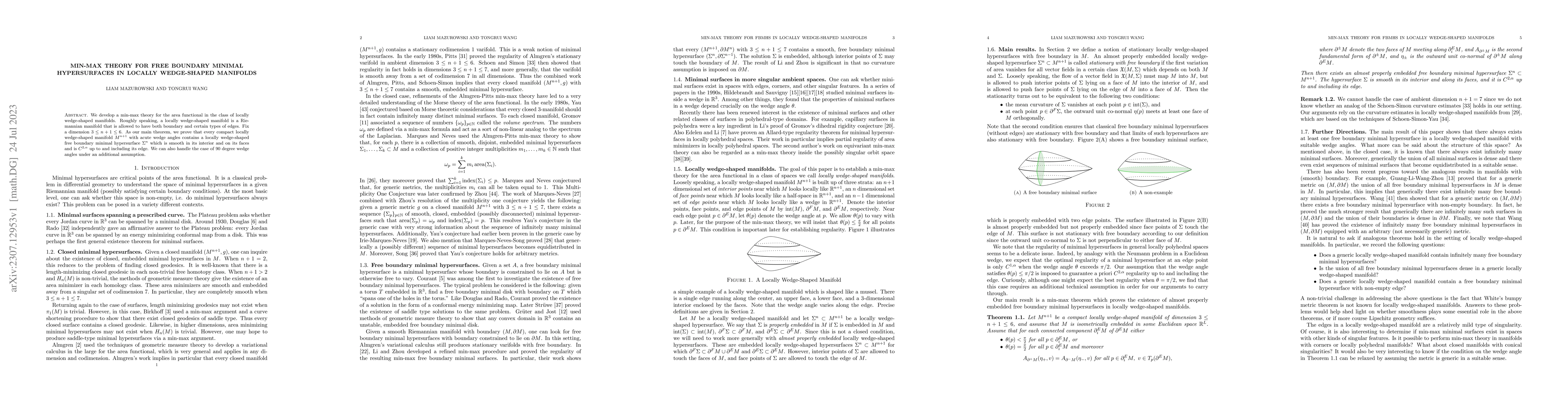 Thumbnail for Min-max theory for free boundary minimal hypersurfaces in locally
  wedge-shaped manifolds