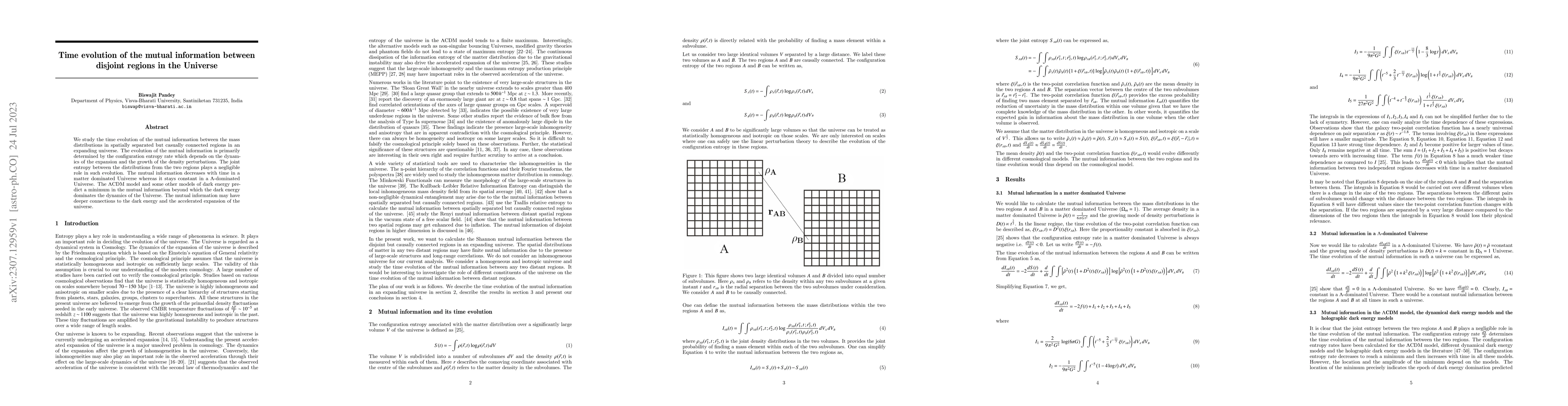 Thumbnail for Time evolution of the mutual information between disjoint regions in the
  Universe