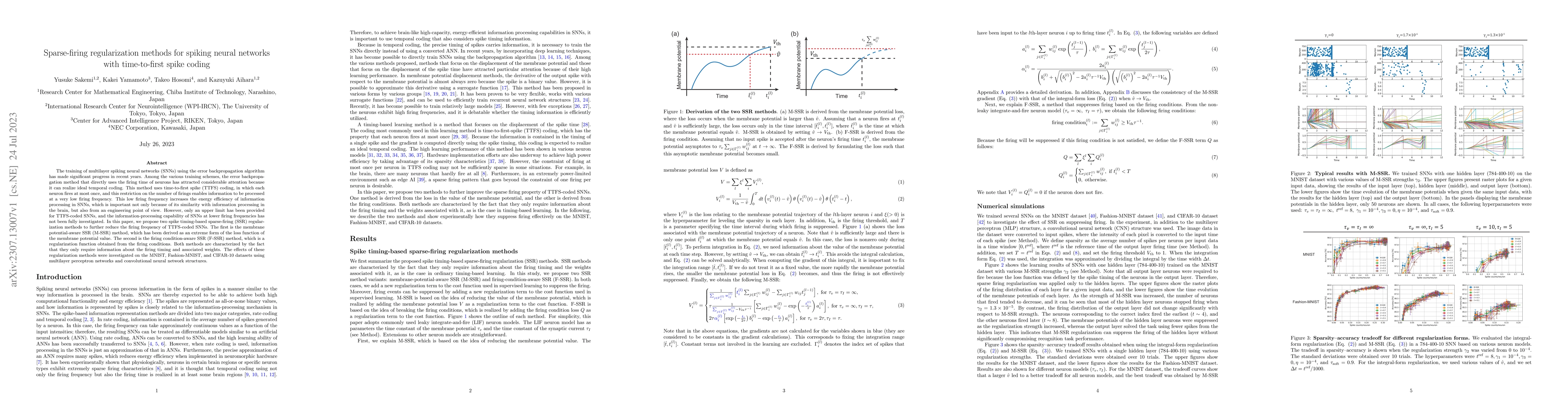 Thumbnail for Sparse-firing regularization methods for spiking neural networks with
  time-to-first spike coding