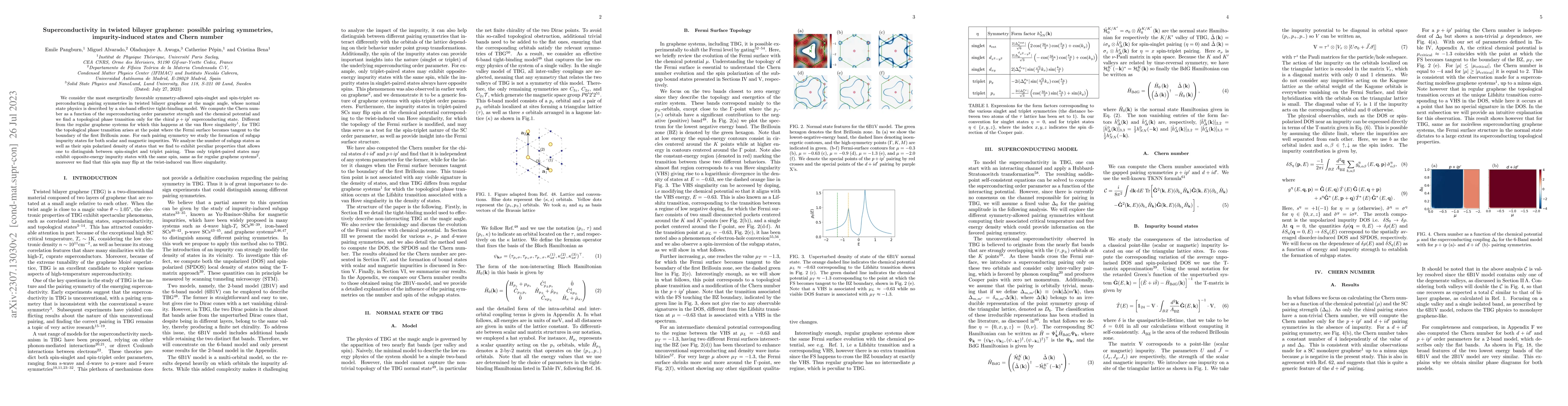 Thumbnail for Superconductivity in twisted bilayer graphene: possible pairing
  symmetries, impurity-induced states and Chern number