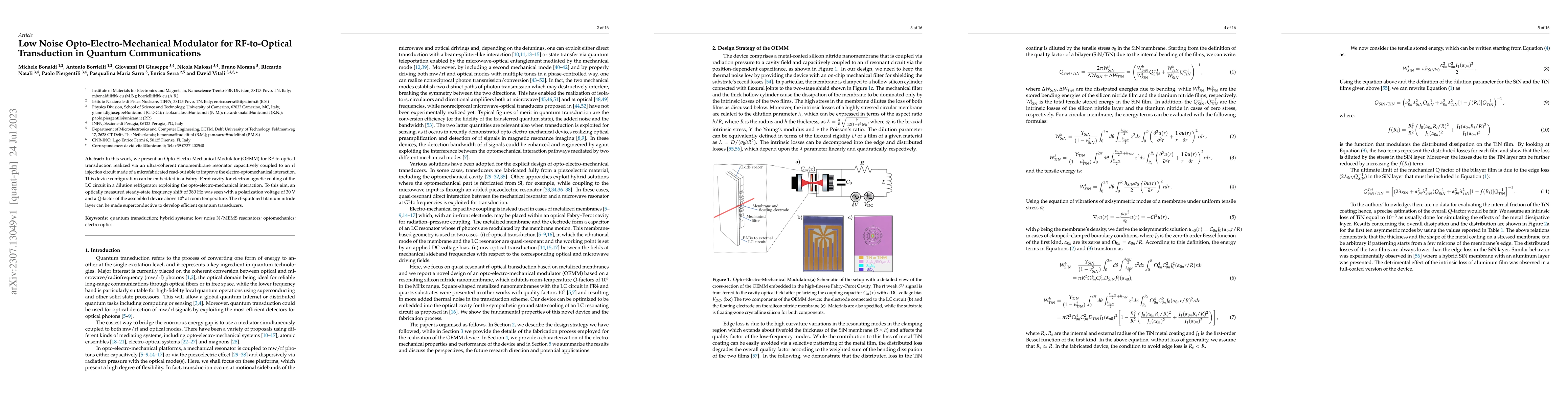 Thumbnail for Low Noise Opto-Electro-Mechanical Modulator for RF-to-Optical
  Transduction in Quantum Communications