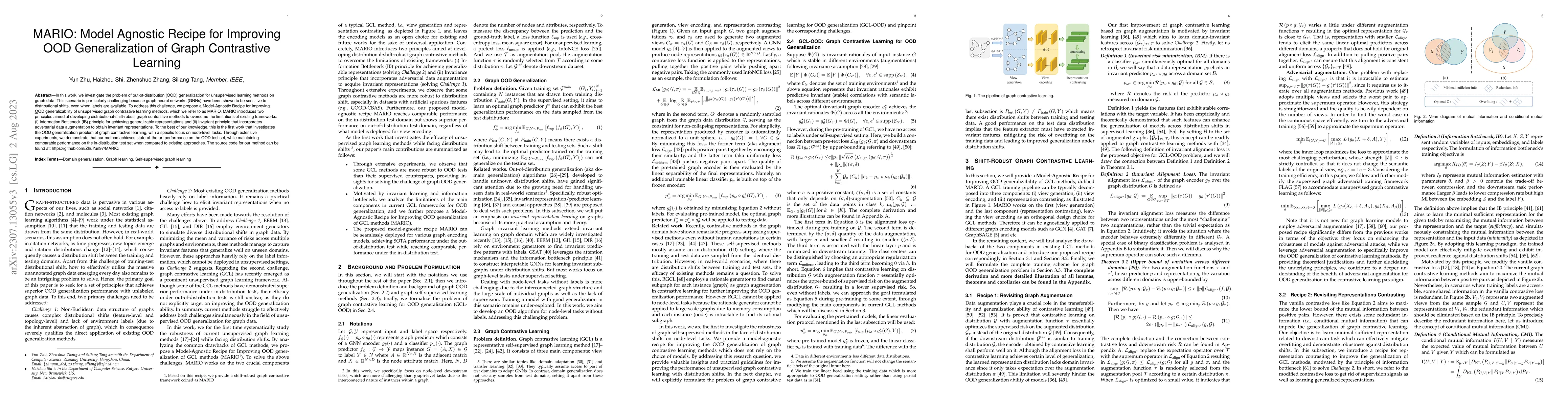 Thumbnail for MARIO: Model Agnostic Recipe for Improving OOD Generalization of Graph
  Contrastive Learning