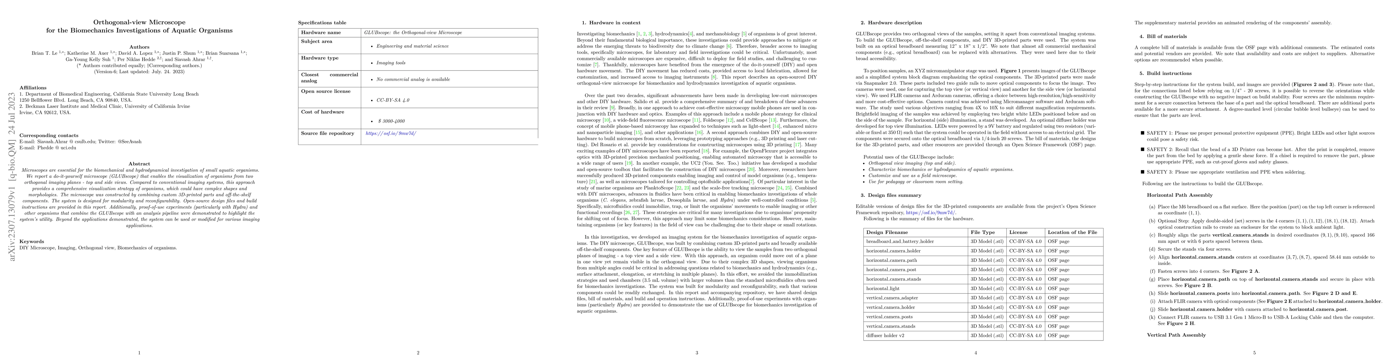 Thumbnail for Orthogonal-view Microscope for the Biomechanics Investigations of
  Aquatic Organisms