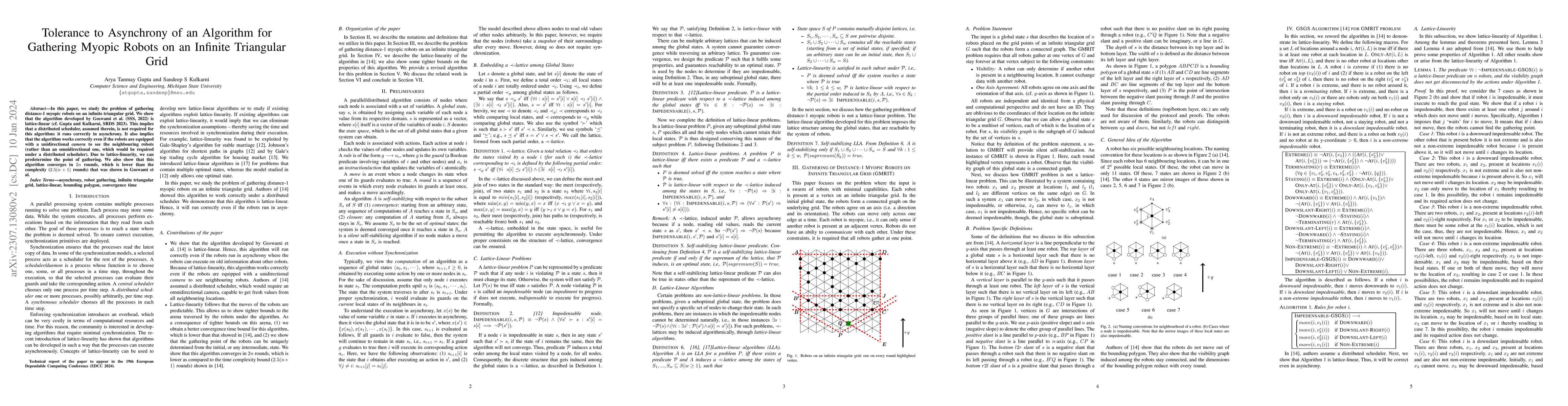 Thumbnail for Tolerance to Asynchrony of an Algorithm for Gathering Myopic Robots on
  an Infinite Triangular Grid