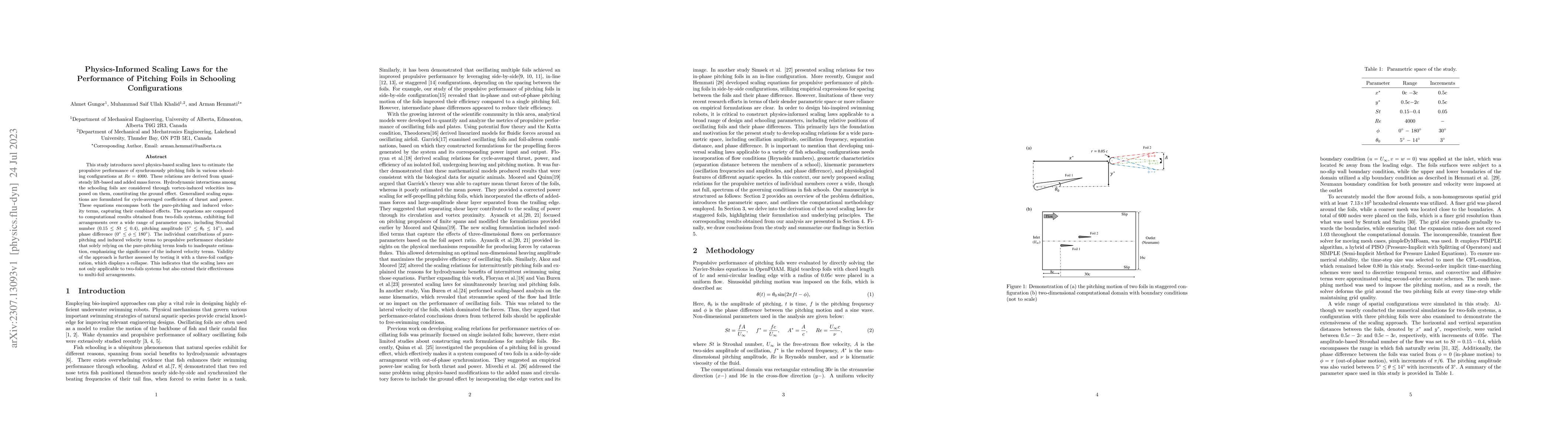 Thumbnail for Physics-Informed Scaling Laws for the Performance of Pitching Foils in
  Schooling Configurations