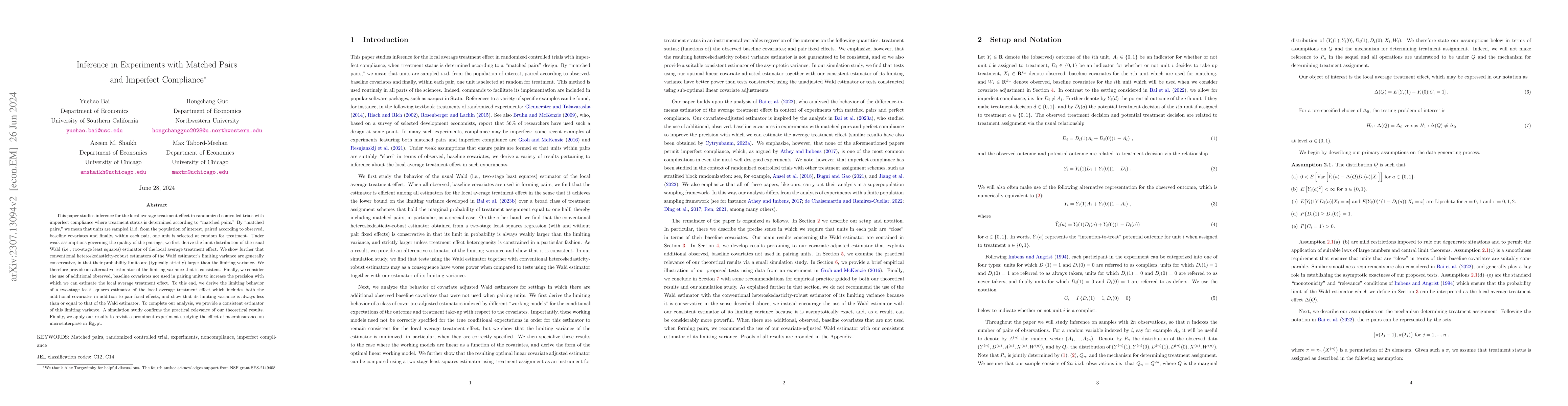 Thumbnail for Inference in Experiments with Matched Pairs and Imperfect Compliance