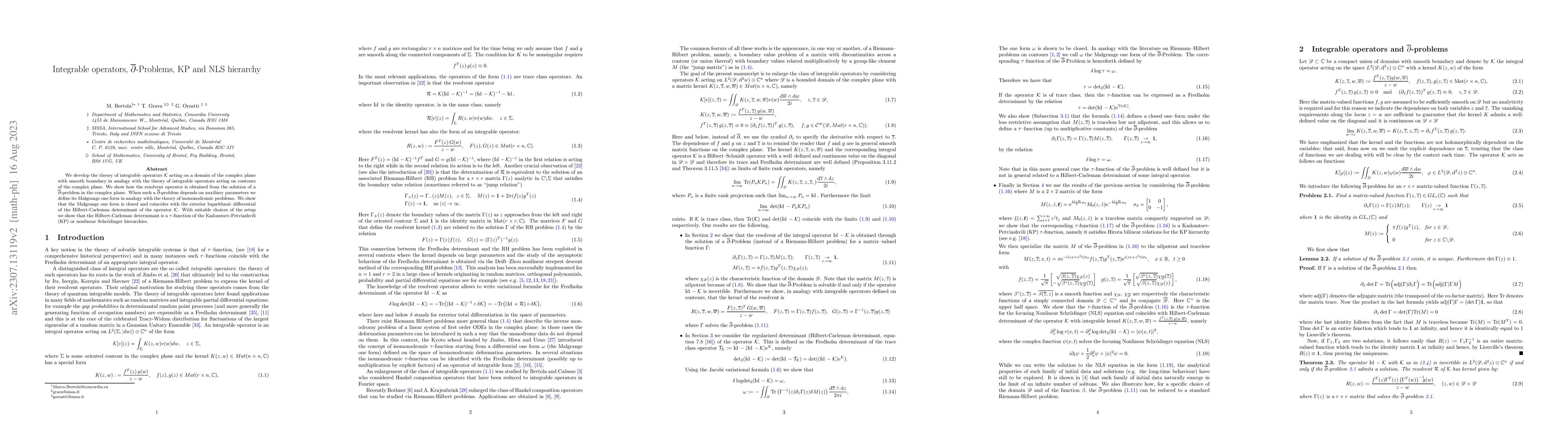 Thumbnail for Integrable operators, $\overline{\partial}$-Problems, KP and NLS
  hierarchy