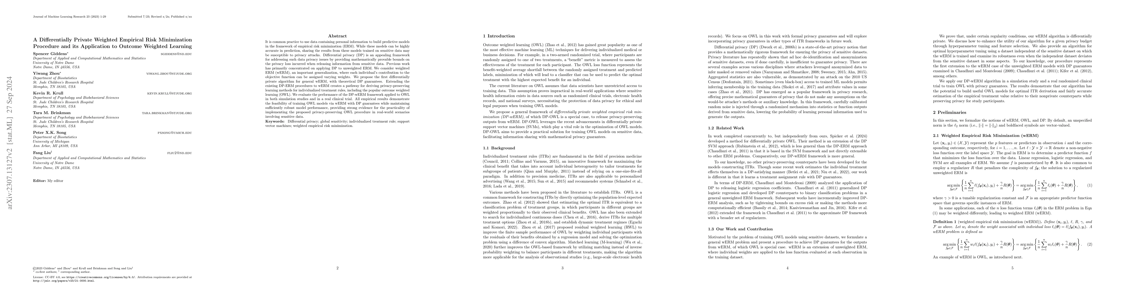 Thumbnail for A Differentially Private Weighted Empirical Risk Minimization Procedure
  and its Application to Outcome Weighted Learning