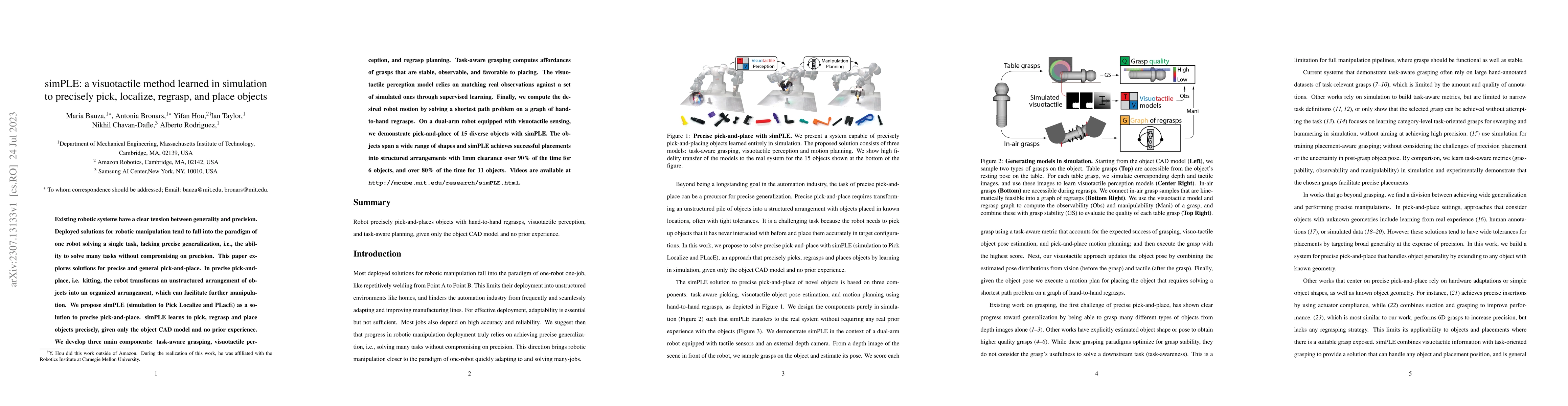 Thumbnail for simPLE: a visuotactile method learned in simulation to precisely pick,
  localize, regrasp, and place objects