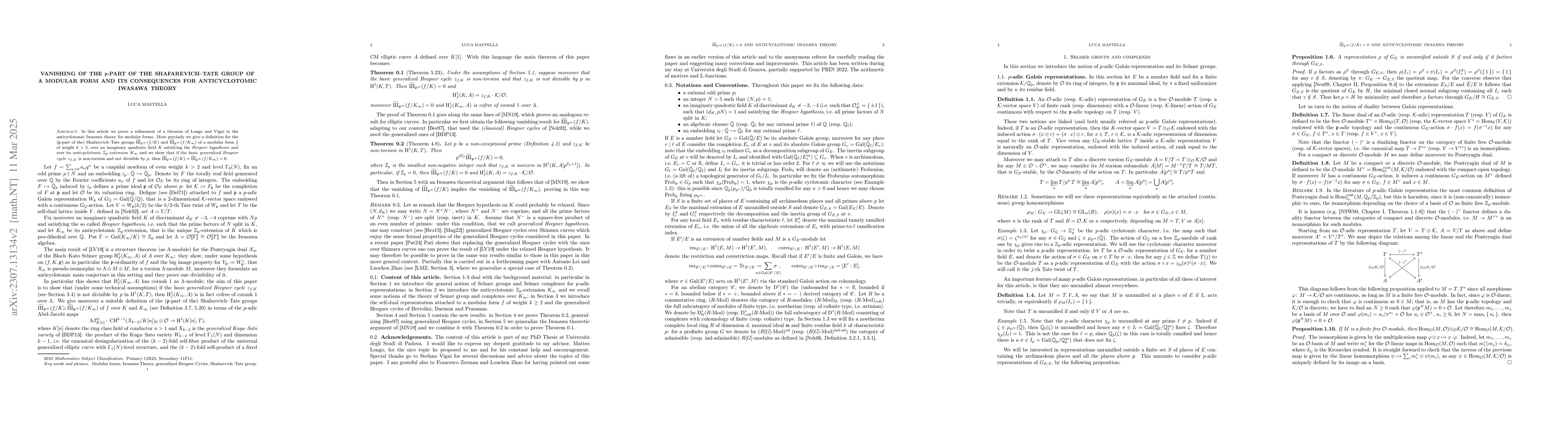 Thumbnail for Vanishing of the p-part of the Shafarevich-Tate group of a modular form
  and its consequences for Anticyclotomic Iwasawa Theory