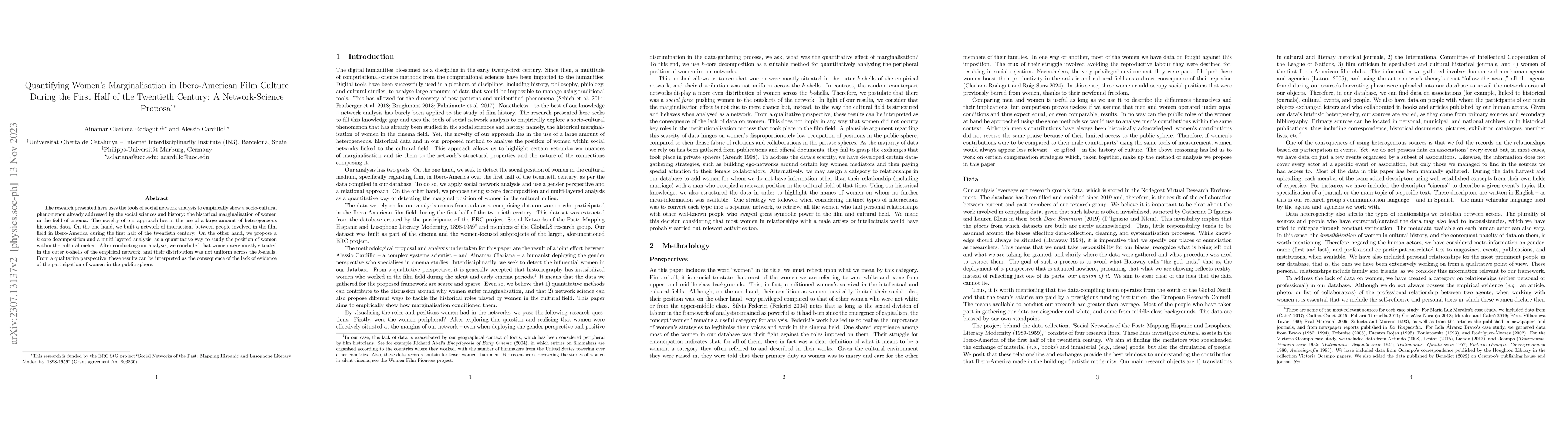 Thumbnail for Quantifying Women's Marginalisation in Ibero-American Film Culture
  During the First Half of the Twentieth Century: A Network-Science Proposal
