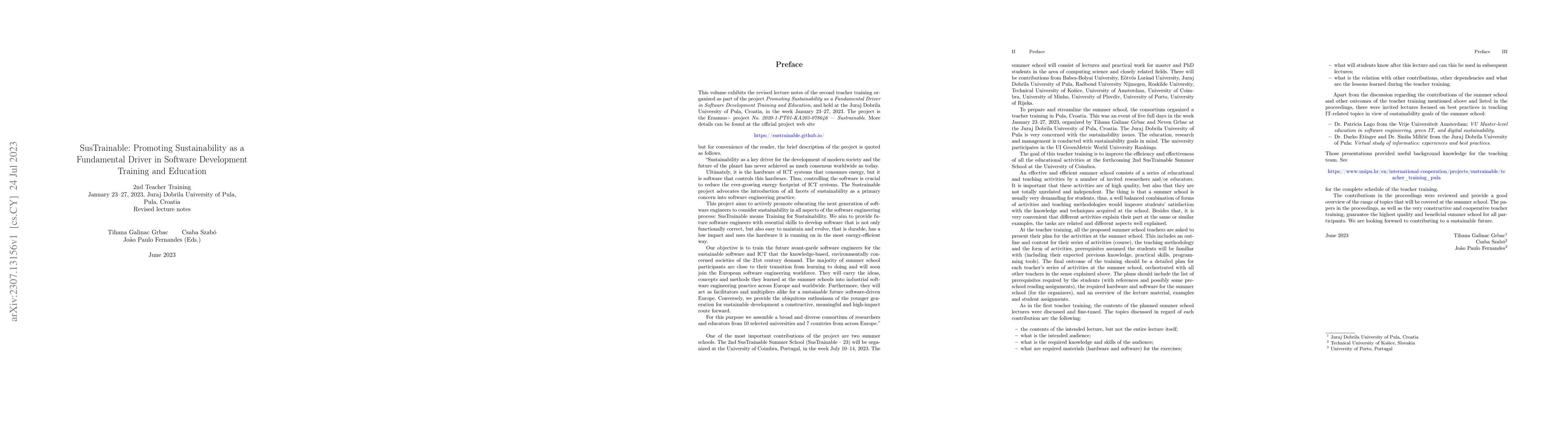 Thumbnail for SusTrainable: Promoting Sustainability as a Fundamental Driver in
  Software Development Training and Education. 2nd Teacher Training, January
  23-27, 2023, Pula, Croatia. Revised lecture notes