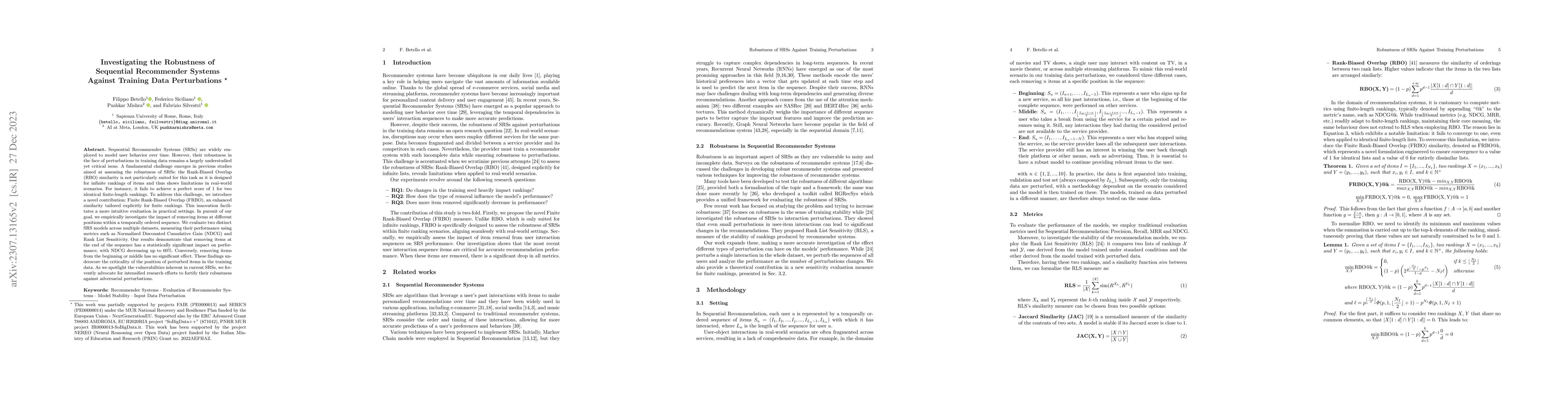 Thumbnail for Investigating the Robustness of Sequential Recommender Systems Against
  Training Data Perturbations