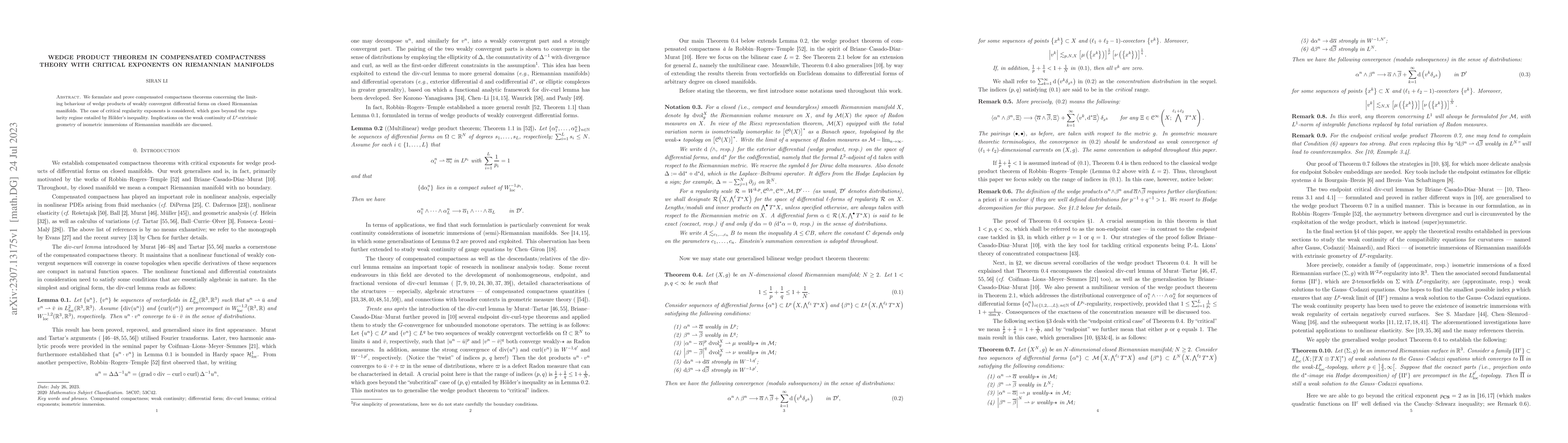 Thumbnail for Wedge product theorem in compensated compactness theory with critical
  exponents on Riemannian manifolds