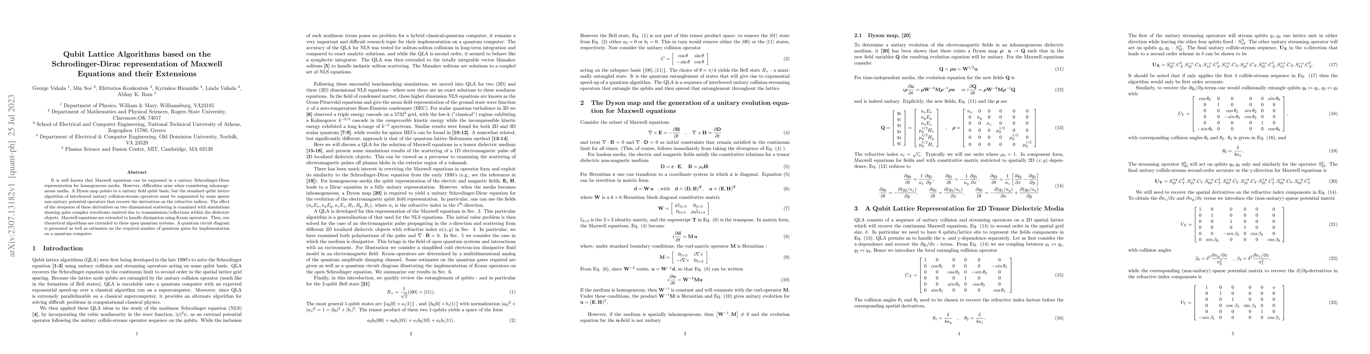 Thumbnail for Qubit Lattice Algorithms based on the Schrodinger-Dirac representation
  of Maxwell Equations and their Extensions