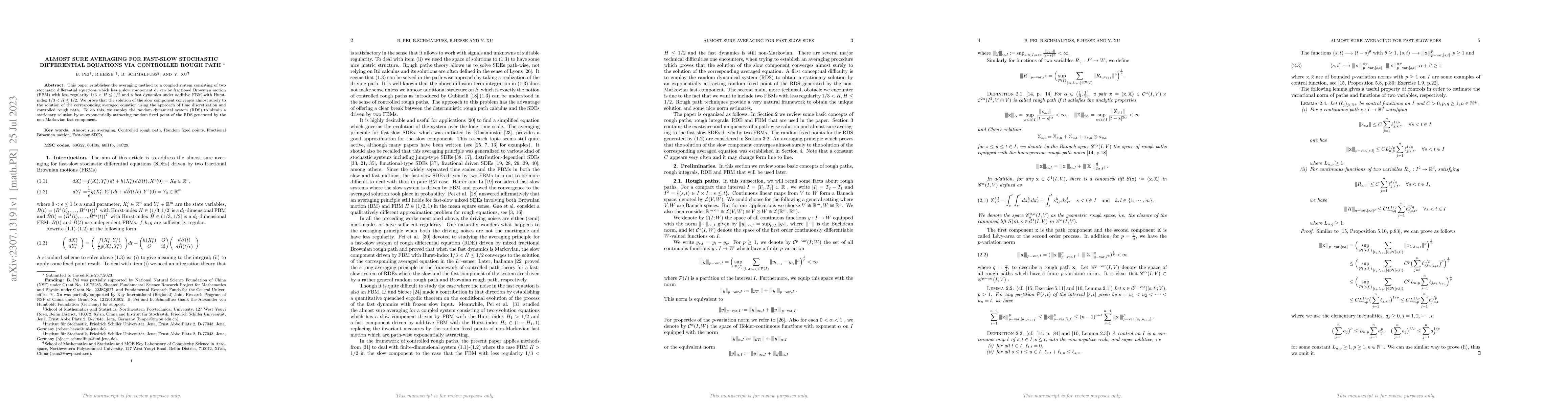 Thumbnail for Almost Sure Averaging for Fast-slow Stochastic Differential Equations
  via Controlled Rough Path