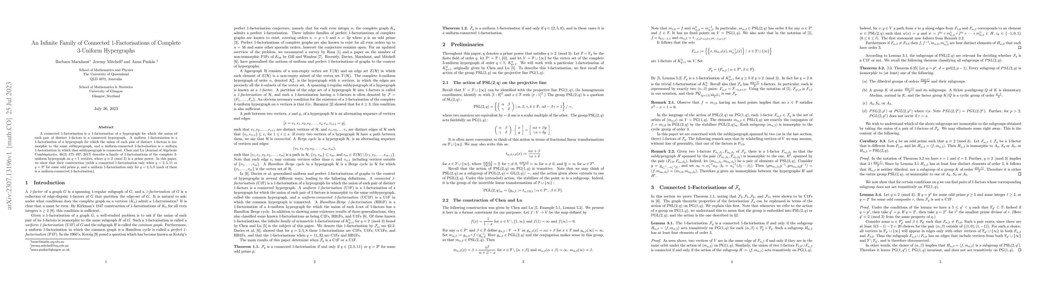 Thumbnail for An Infinite Family of Connected 1-Factorisations of Complete 3-Uniform
  Hypergraphs