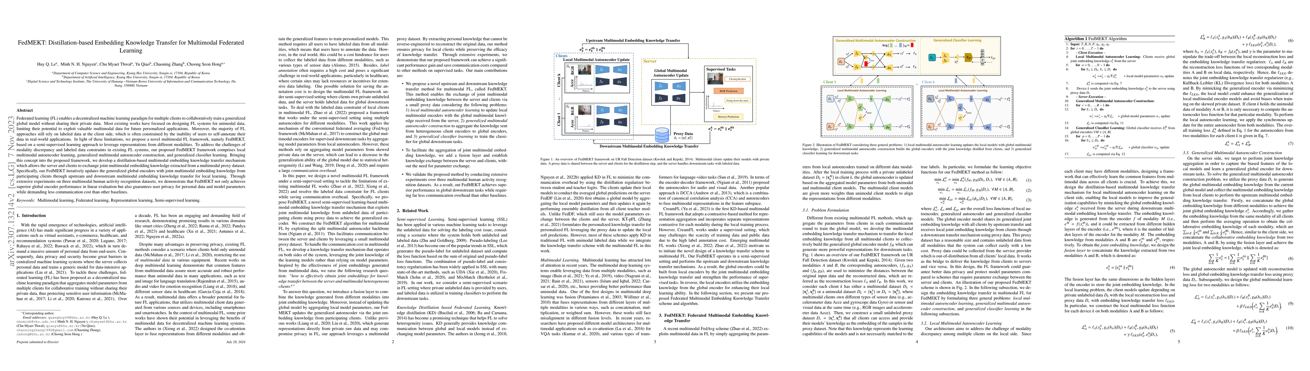 Thumbnail for FedMEKT: Distillation-based Embedding Knowledge Transfer for Multimodal
  Federated Learning