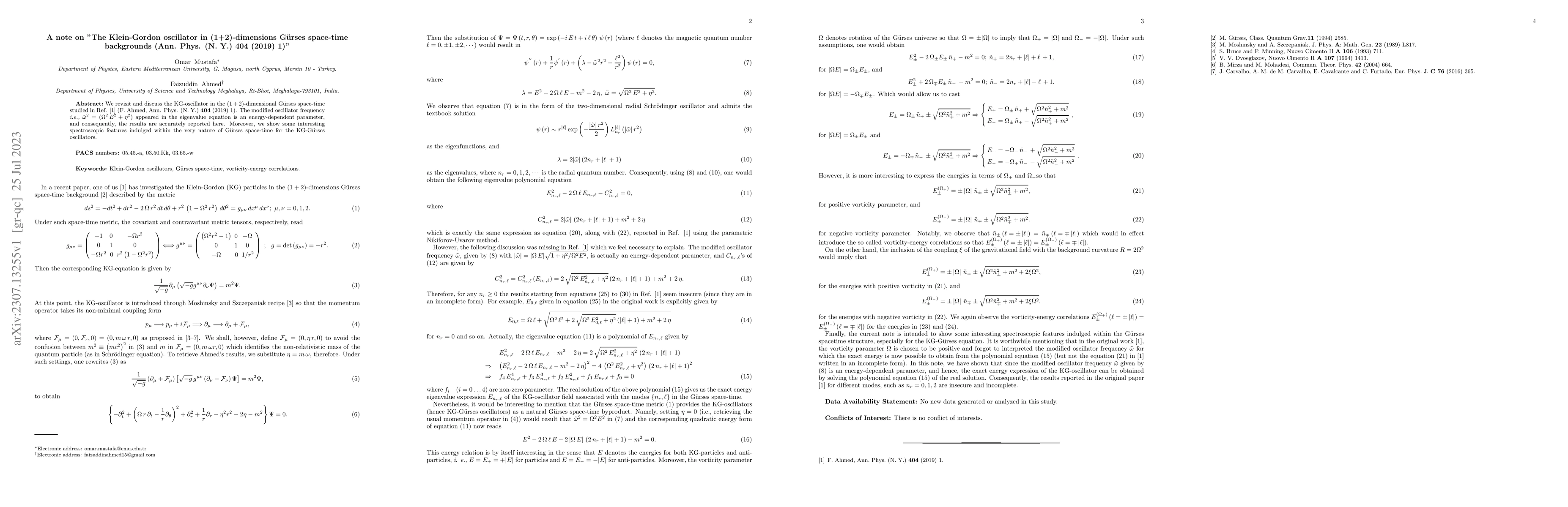 Thumbnail for A note on "The Klein-Gordon oscillator in (1+2)-dimensions G\"urses
  space-time backgrounds (Ann. Phys. (N. Y.) 404 (2019) 1)"