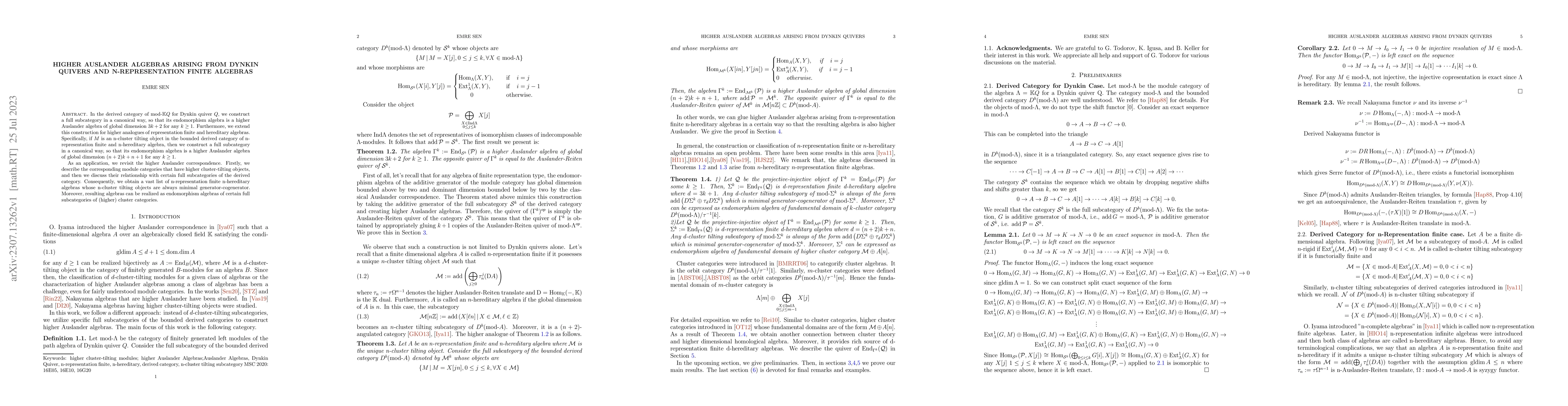 Thumbnail for Higher Auslander Algebras arising from Dynkin Quivers and
  n-Representation Finite Algebras