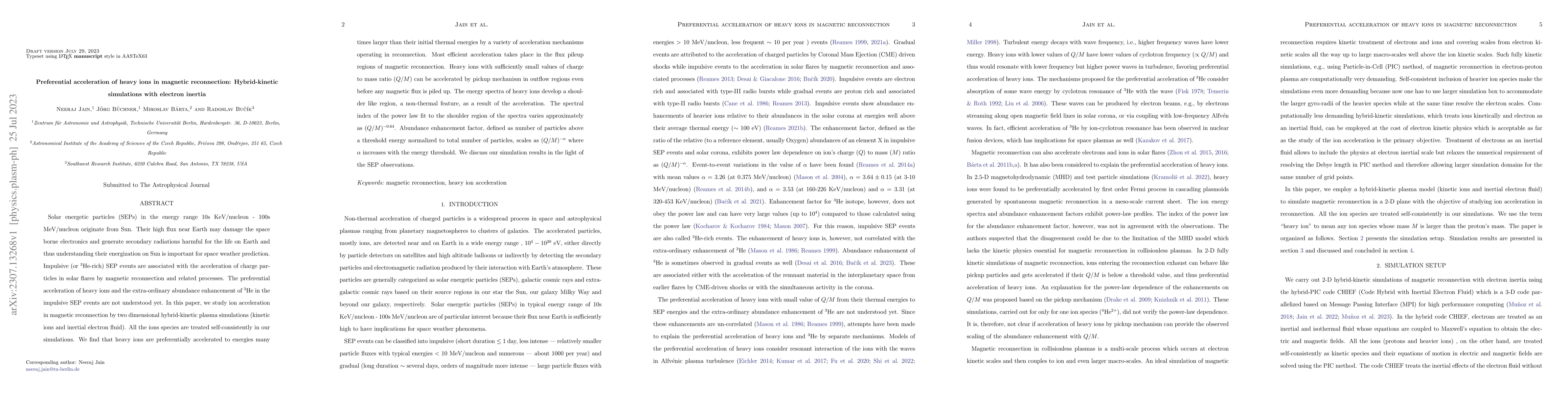 Thumbnail for Preferential acceleration of heavy ions in magnetic reconnection:
  Hybrid-kinetic simulations with electron inertia