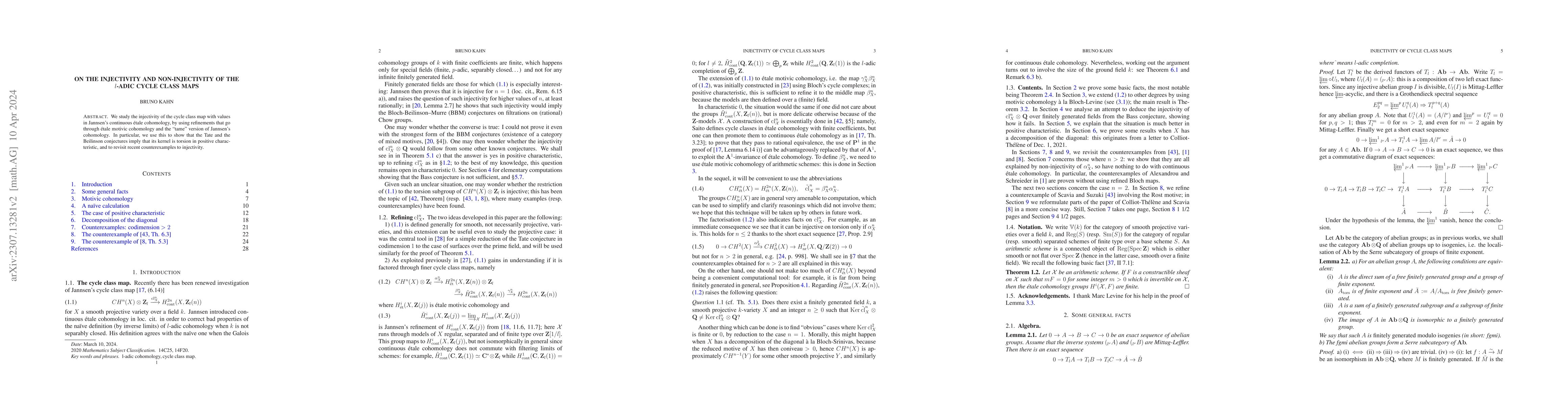 Thumbnail for On the injectivity and non-injectivity of the $l$-adic cycle class maps