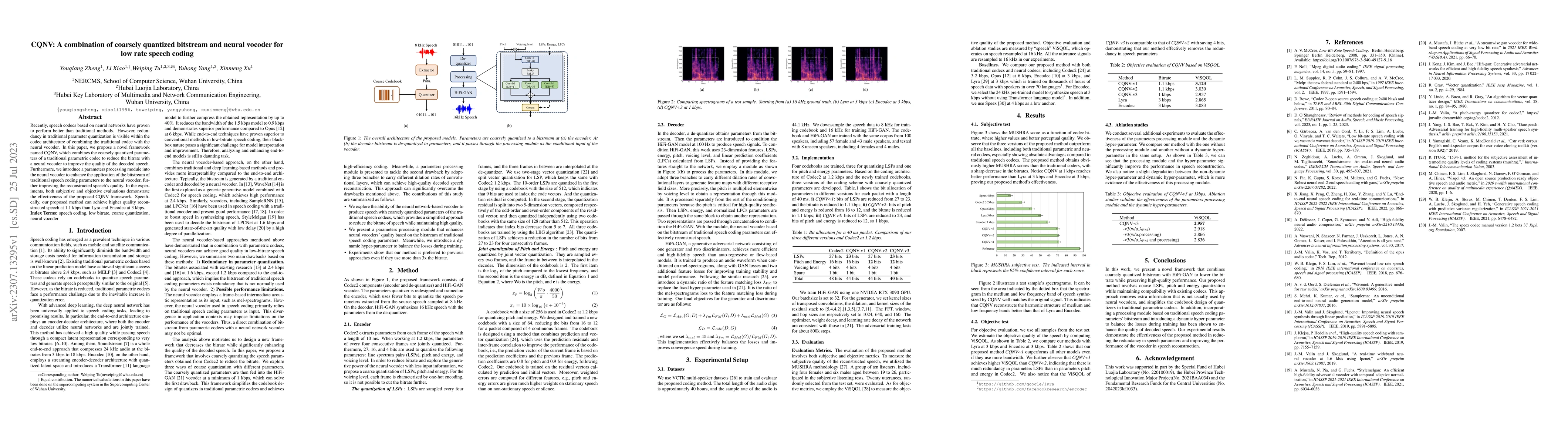 Thumbnail for CQNV: A combination of coarsely quantized bitstream and neural vocoder
  for low rate speech coding