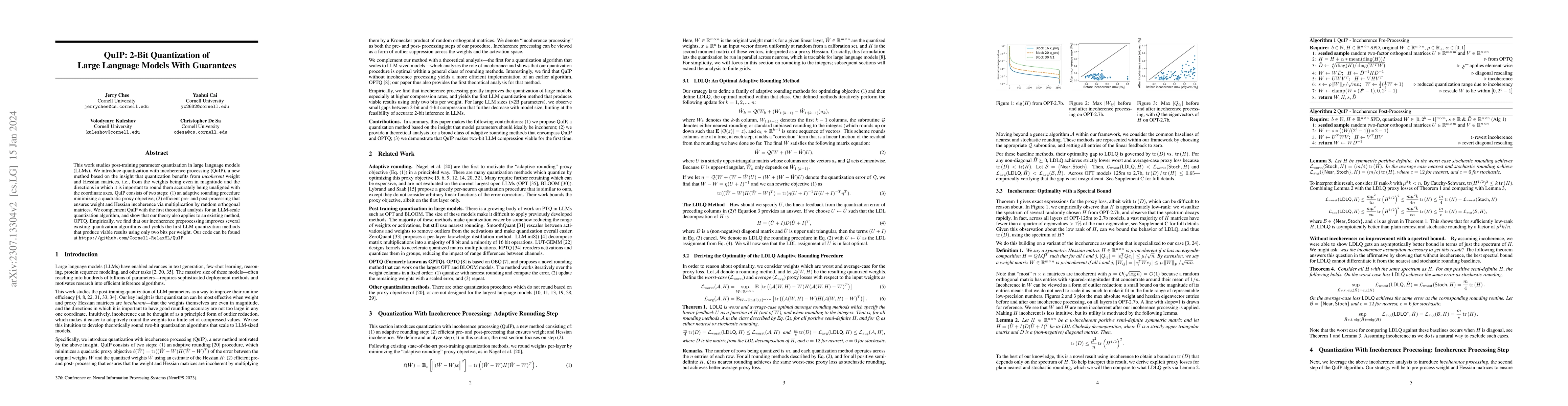 Thumbnail for QuIP: 2-Bit Quantization of Large Language Models With Guarantees