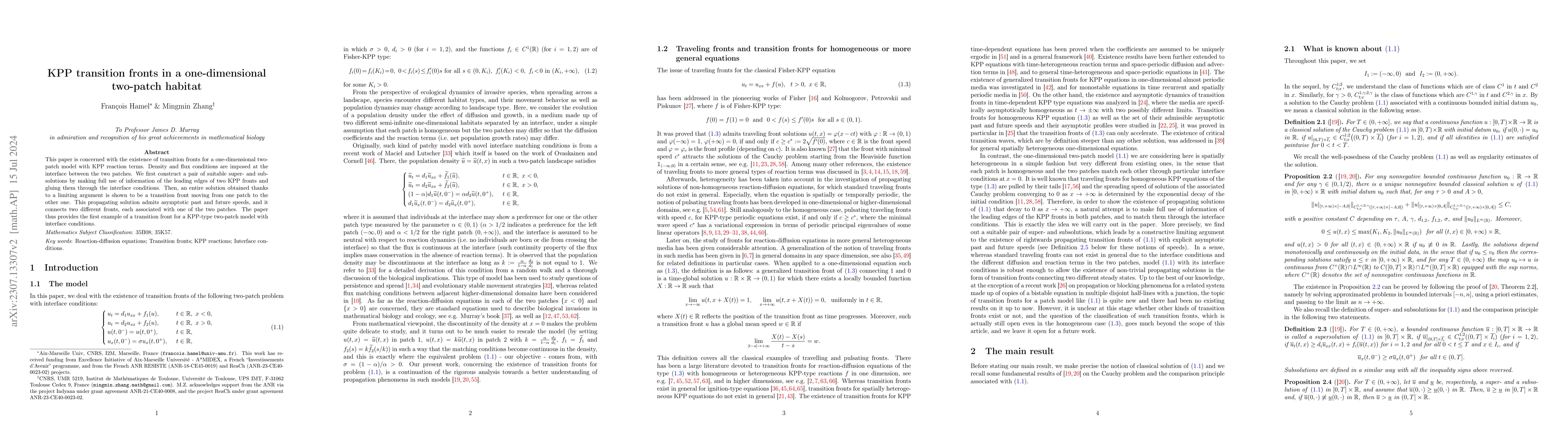 Thumbnail for KPP transition fronts in a one-dimensional two-patch habitat