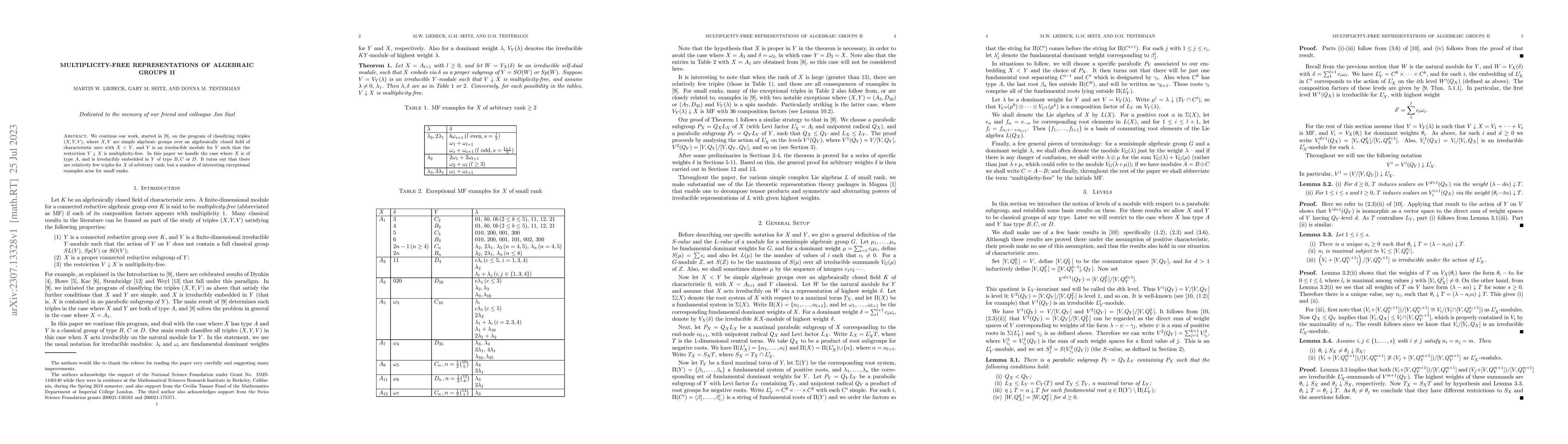 Thumbnail for Multiplicity-free representations of algebraic groups II