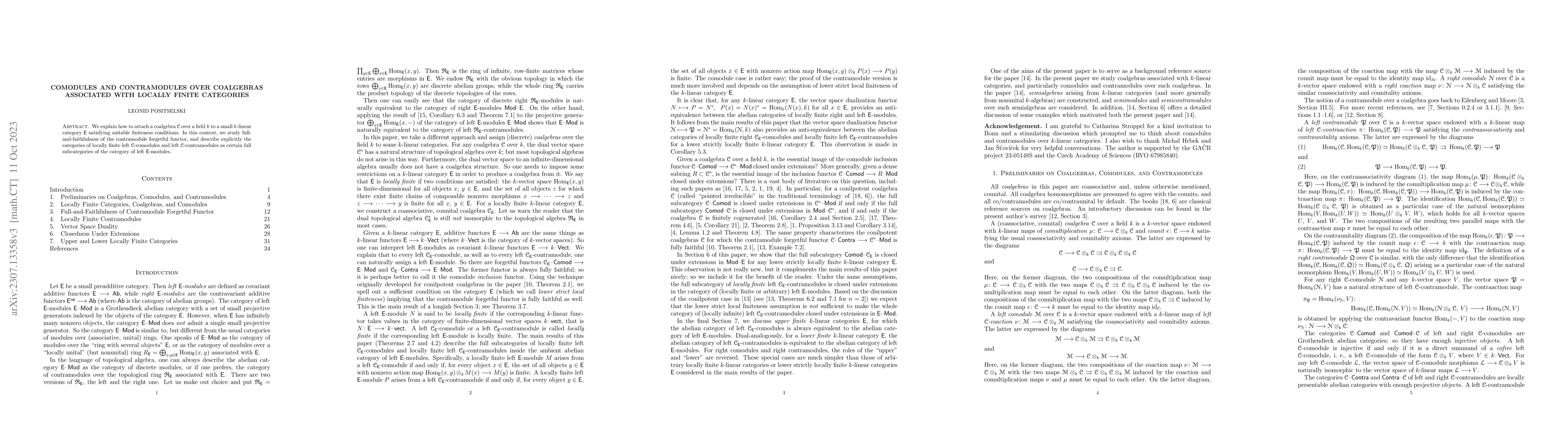 Thumbnail for Comodules and contramodules over coalgebras associated with locally
  finite categories