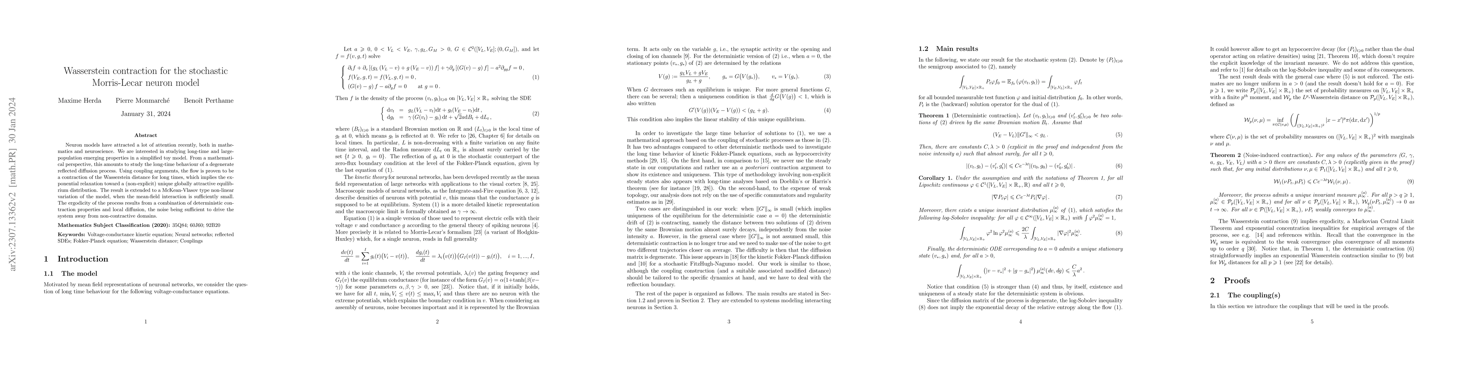 Thumbnail for Wasserstein contraction for the stochastic Morris-Lecar neuron model
