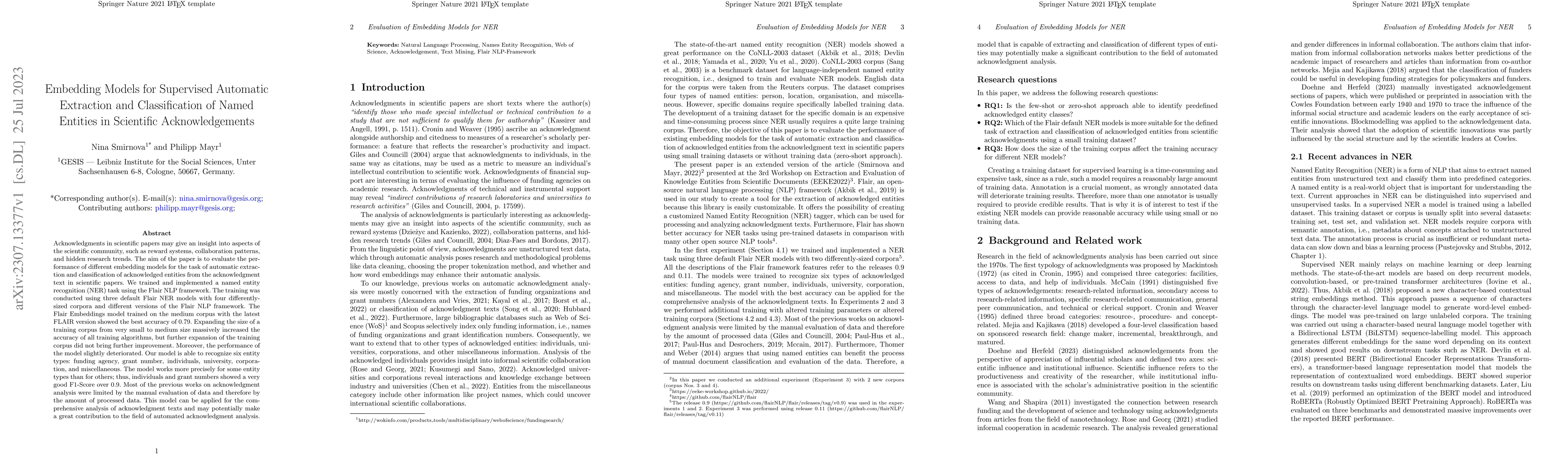 Thumbnail for Embedding Models for Supervised Automatic Extraction and Classification
  of Named Entities in Scientific Acknowledgements