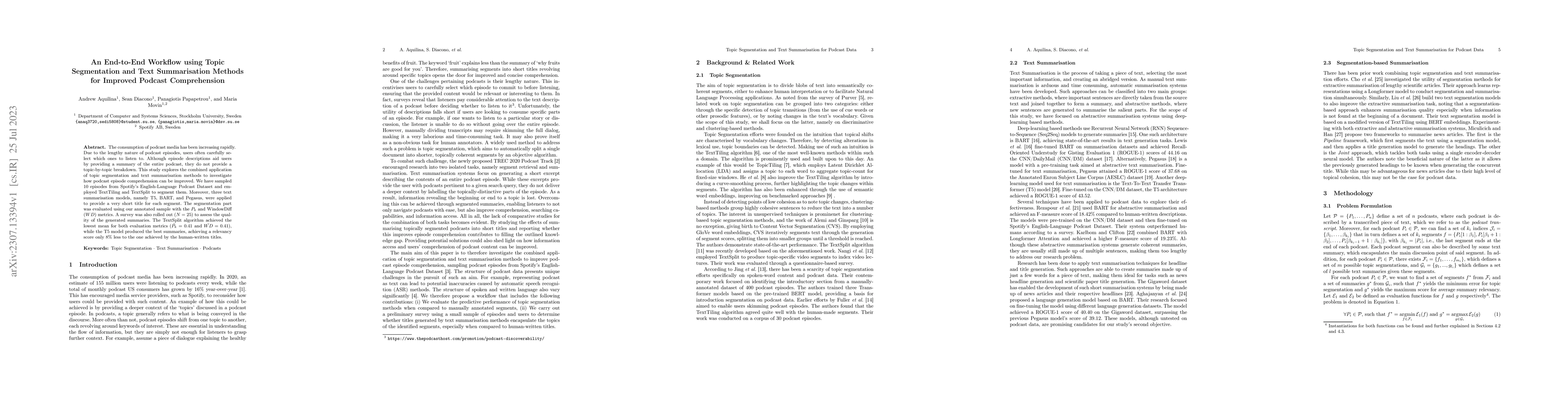 Thumbnail for An End-to-End Workflow using Topic Segmentation and Text Summarisation
  Methods for Improved Podcast Comprehension