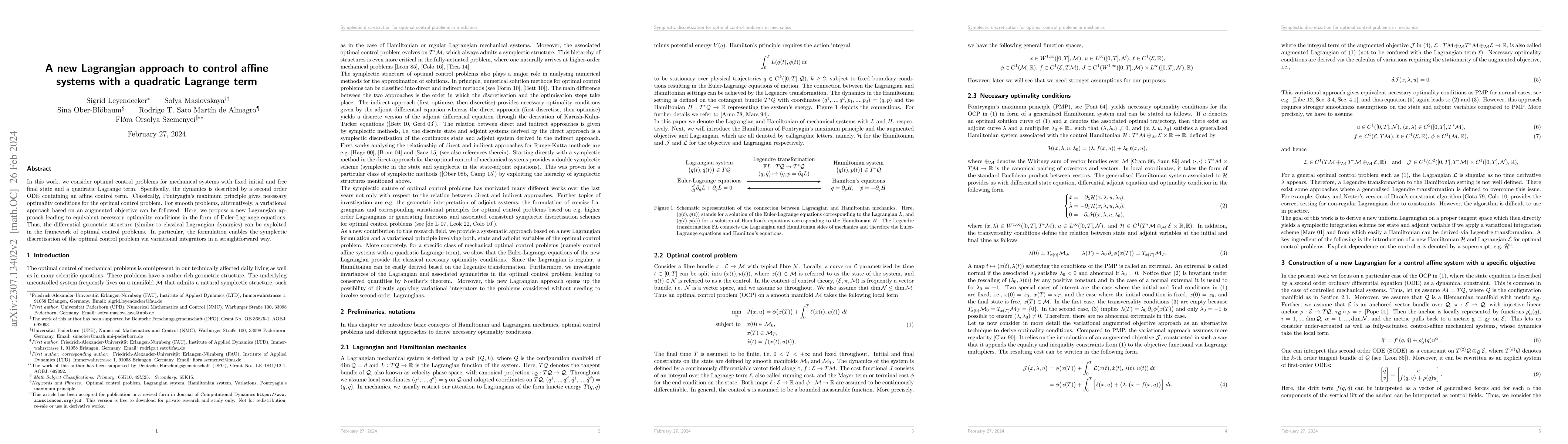 Thumbnail for A new Lagrangian approach to control affine systems with a quadratic
  Lagrange term