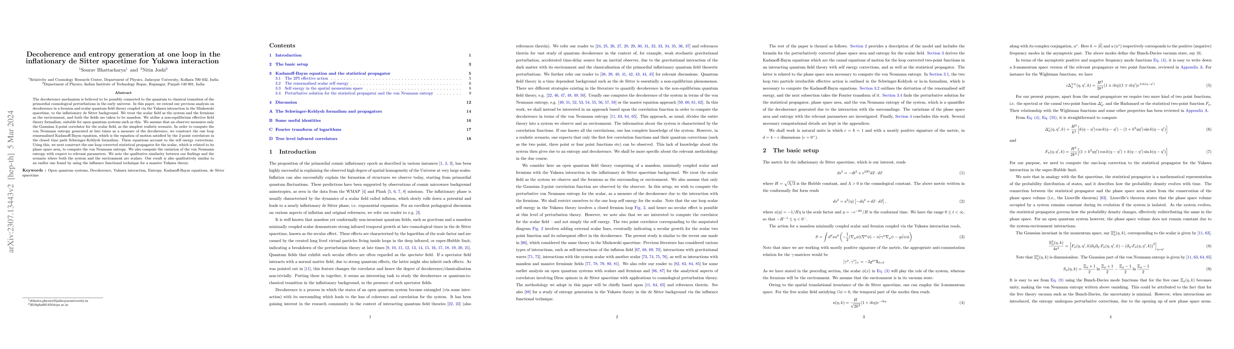 Thumbnail for Decoherence and entropy generation at one loop in the inflationary de
  Sitter spacetime for Yukawa interaction
